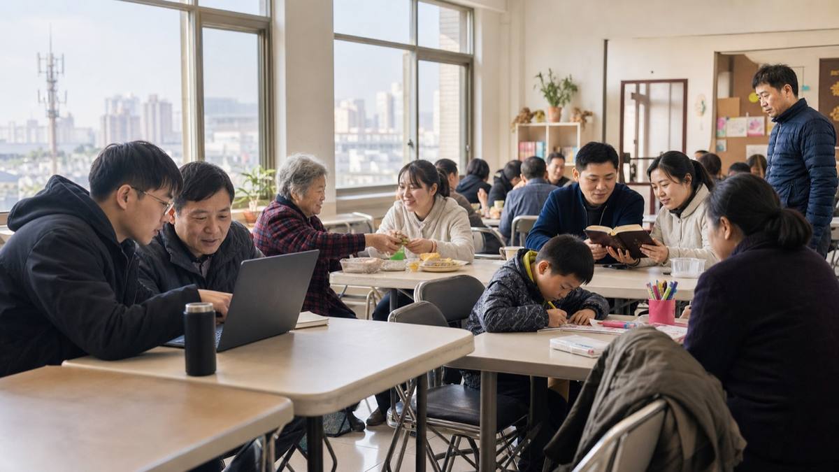 明亮的教会活动室里,不同年龄的华人基督徒协助求职、分享食物、一起读经并照顾孩子