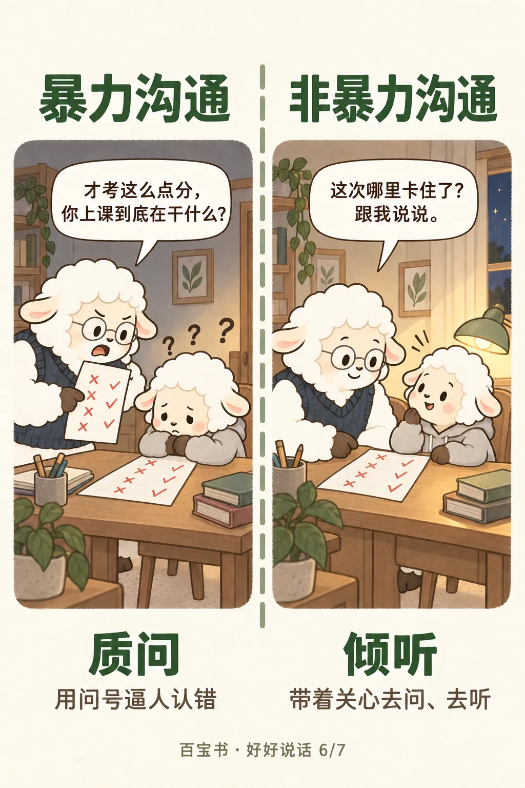 对照插画：质问与倾听